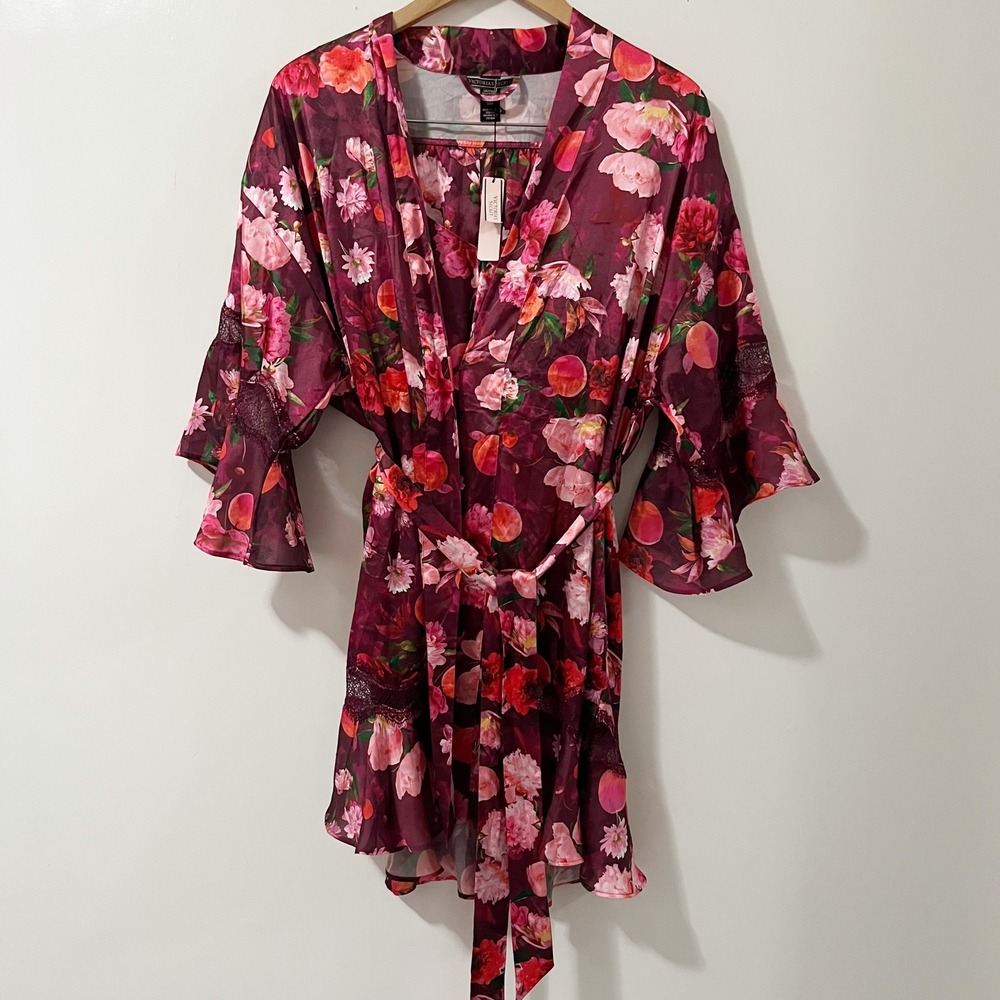Victorias Secret 3PC Satin Pajama Set Robe Cami‎ Shorts Floral Burgundy XS/S